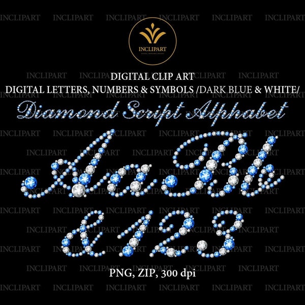 Diamond alphabet script PNG. Digital Letters, numbers, symbols Clip Art PNG. White & dark blue rhinestone letters clipart. Instant download.