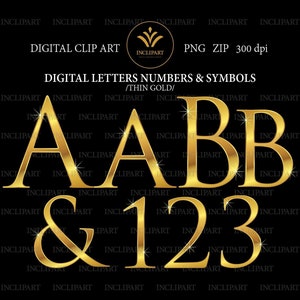 Lettres d’or, chiffres, symboles PNG clipart. Clipart de l’alphabet en or métallique. Alphabet numérique. Téléchargement instantané au format PNG. Utilisation commerciale