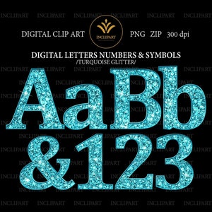 Format de fichier PNG clipart numérique Turquoise Glitter alphabet. Images clipart numériques lettres et chiffres. Téléchargement instantané. Format PNG. Utilisation professionnelle.