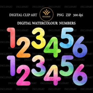 Clipart digital de números em aquarela, formato de arquivo PNG. H 2,8 polegadas. 10 variações de cores. Uso comercial