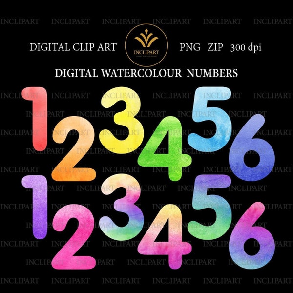Aquarell Zahlen digitale Clipart, PNG Dateiformat. H 7 cm. 10 Farbvariationen. Geschäftliche Nutzung