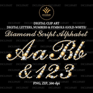 Script do alfabeto de diamante PNG. Letras digitais, números, símbolos Clip Art PNG. Clipart de letras de strass branco e dourado. Download instantâneo.