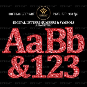 Rotes Glitzer Alphabet digitale Clipart PNG Dateiformat. Buchstaben und Zahlen digitale ClipArt. Sofort Download. PNG Format. Geschäftliche Nutzung.