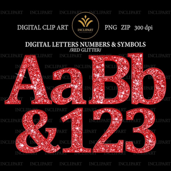 Red Glitter alphabet digital clipart PNG file format. Letters and numbers digital clip art. Instant download. PNG format. Business use.