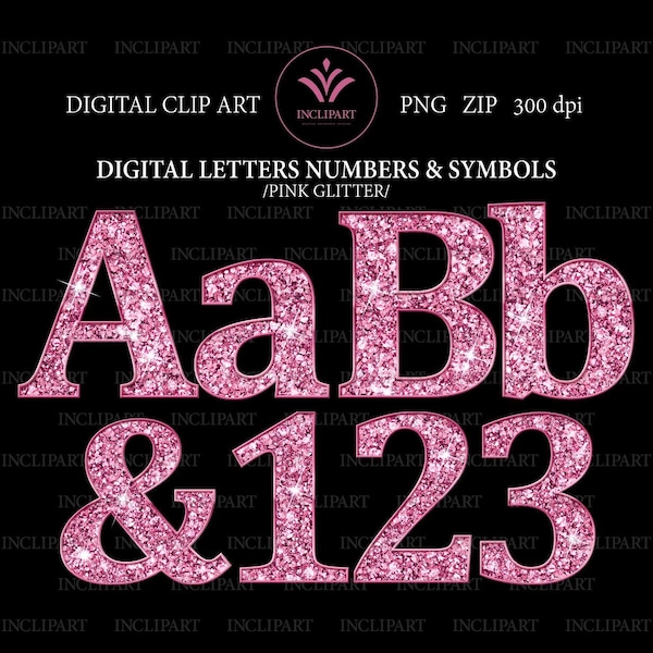 Pink Glitter alphabet digital clipart PNG file format. Letters & numbers digital clip art. Instant download. PNG format. Business use.