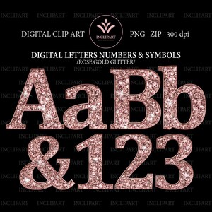 Rose Gold Glitter alphabet clipart numérique PNG format de fichier. Lettres et chiffres clip art numérique. Téléchargement instantané. Format PNG. Utilisation commerciale.