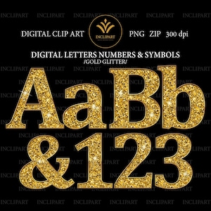 Gold Glitter alfabeto digital clipart formato de archivo PNG. Imágenes y números de clip digital. Descarga instantánea. Formato PNG. Uso de negocios.