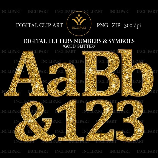 Gold Glitter alphabet digital clipart PNG file format. Letters and numbers digital clip art. Instant download. PNG format. Business use.