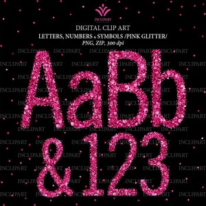 Pink glitter letters, numbers, symbols PNG files digital clip art. Glitter pink alphabet clipart. Instant download. Business use