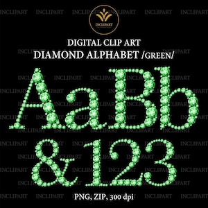 Diamante verde, alfabeto esmeralda y números Clip Art formato de archivo PNG. Letras digitales de pedrería, imágenes prediseñadas de números. Descarga instantánea, PNG