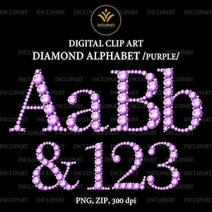 Purple Diamond alfabet en cijfers Clip Art PNG-bestandsindeling. Digitale strassletters, cijfers illustraties. Direct downloaden, PNG-formaat.