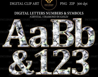 Crystal / diamond & gold alphabet PNG files digital clip art. Diamond letters, numbers, symbols clipart. Rhinestone alphabet clipart.