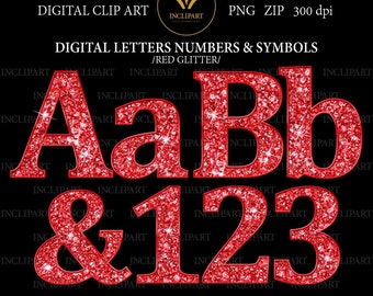 May include: Red glitter letters and numbers, including A, a, B, b, ampersand, 1, 2, and 3. The letters and numbers are outlined in black and have a sparkly red glitter texture.