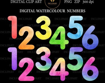 May include: Watercolor numbers 1 through 6 in rainbow colors. Each number is painted with a gradient of colors, starting with red and ending with purple. The numbers are arranged in two rows of three.