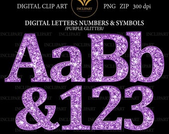 Purple Glitter alphabet digital clipart PNG file format. Letters & numbers digital clip art. Instant download. PNG format. Business use.