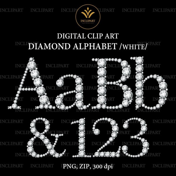 Diamond alphabet and numbers Clip Art PNG file format. Digital white gem, rhinestone letters, numbers clip art. Instant download, PNG format