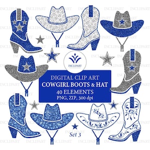 CowGirl Boots digitale Clipart PNG Dateien. CowBoy Hut Clipart. Silberne, royalblaue Western Clipart. Party Clipart. Sofort Download PNG Format.