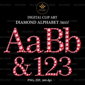 May include: Red diamond alphabet letters A, a, B, b, ampersand, 1, 2, and 3.  Digital clip art, PNG, ZIP, 300 dpi.