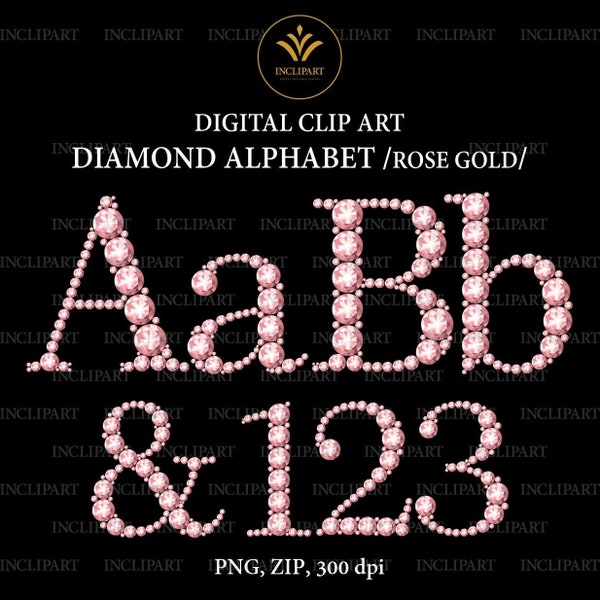 Rose gold Diamond alphabet and numbers Clip Art PNG file format. Digital rhinestone letters, numbers clip art. Instant download, PNG format.