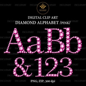 Pink Diamond Alphabet und Zahlen Clip Art PNG Dateiformat. Digitale rosa Strass Buchstaben, Zahlen ClipArt. Sofortiger Download, PNG-Format.