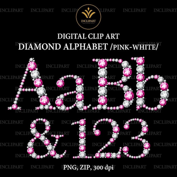 Pink, White Diamond alphabet, numbers Clip Art PNG file format. Digital rhinestone letters, numbers clip art. Instant download, PNG format.