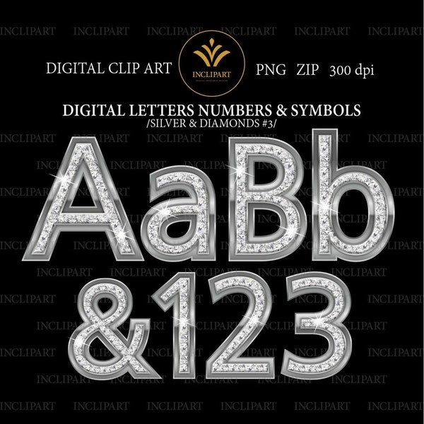 Silver and diamond alphabet Digital clip art in PNG file format. Bling Letters and numbers clipart. Instant download in PNG. Commercial use.