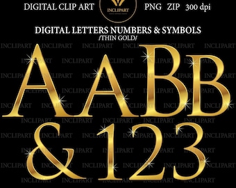 May include: Gold letters A, A, B, B, and numbers 1, 2, 3 with a thin gold outline and a sparkling effect on a black background. The text "Digital Letters Numbers & Symbols /Thin Gold/" is above the letters and numbers.