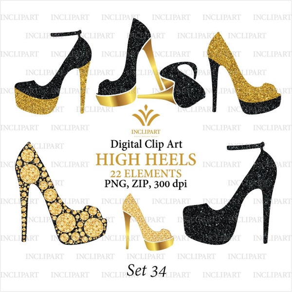 Shoe clipart PNG file format. Black and gold ladies, girls heel clipart. Fashion clipart. Party clipart. Instant download. Business use