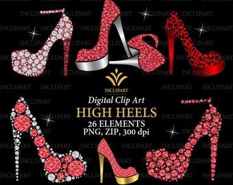 Shoe clipart PNG. Red diamond, glitter, leopard ladies' high heel clipart. Fashion clipart. Wedding, party clipart. Instant download.