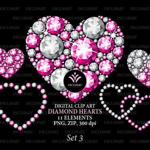 Diamond Heart PNG fichiers clipart. Diamant rose et blanc, clipart de coeurs de strass. Clipart de la Saint-Valentin. Téléchargement instantané. Utilisation des entreprises