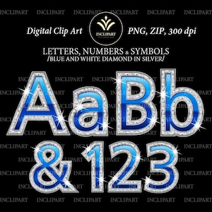 Alfabeto azul, diamante y plata y números imágenes prediseñadas PNG. Letras de Rhinestone, números clip art. Letras diamante en plata. Descarga instantánea