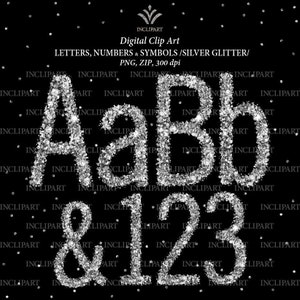 Silver glitter letters, numbers, symbols PNG digital clip art. Glitter alphabet clipart. Digital alphabet. Instant download. Business use