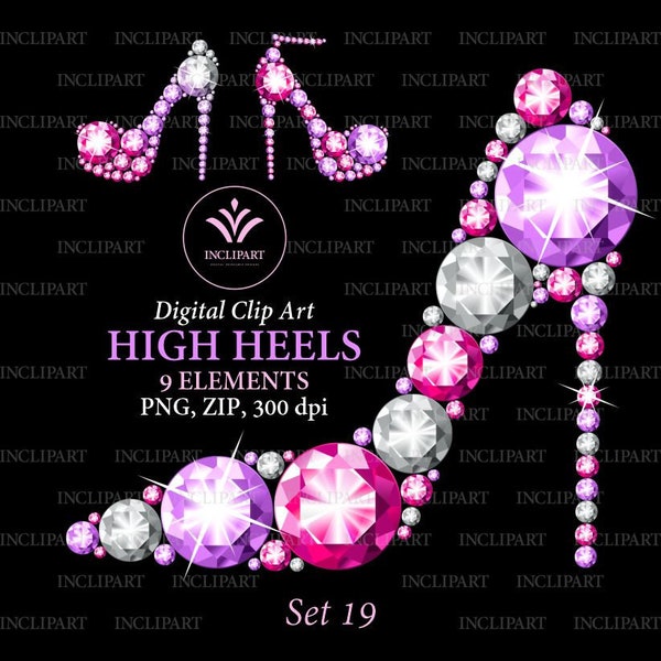 High heel shoes PNG digital clipart. Pink, purple, white diamond, rhinestone, gem shoe clip art. Ladies party clipart. Instant download.