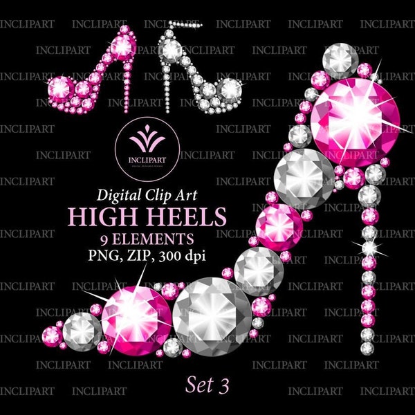 High heel shoes clipart PNG format. Pink and white diamond, rhinestone shoe clip art. Ladies party clipart. Instant download. Business use