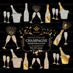 Champagne Clipart. Botellas, vasos, cubos de oro, clip art superpuesto de diamantes. Imágenes prediseñadas de oro y diamantes. Descarga digital instantánea. Formato PNG.