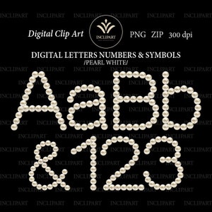 Letras de perla y números de alfabeto digital clip art en formato de archivo PNG. Alfabeto de perla blanca. Descarga instantánea. Uso comercial.