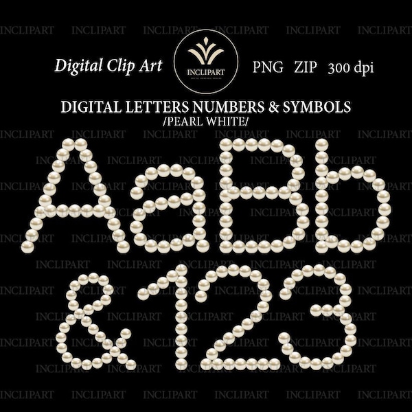 Pearl letters and numbers digital alphabet clip art in PNG file format. White Pearl alphabet. Instant download. Business use.