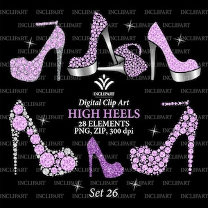 Shoe clipart PNG. Purple & Silver ladies, girls, bridal High Heels clipart. Fashion clipart. Wedding, party clipart Instant download PNG zip