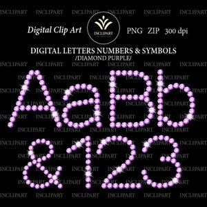 細いダイヤモンドの文字、数字のクリップアート PNG。デジタル ダウンロード。紫色のラインストーン、宝石、クリスタルのアルファベット、数字のクリップアート。商用利用可。