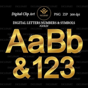 Letras y números de oro formato de archivo PNG de clipart digital. Alfabeto clip art dorado, metálico. Descarga digital instantánea. Uso comercial