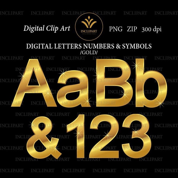 Gold letters and numbers digital clipart PNG file format. Alphabet clip art gold, metallic. Instant digital download. Business use