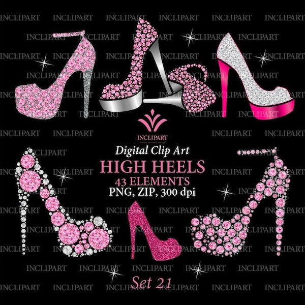 Shoe clipart PNG. Pink & Silver ladies, girls, bridal High Heels clipart. Fashion clipart. Wedding, party clipart. Instant download PNG, zip