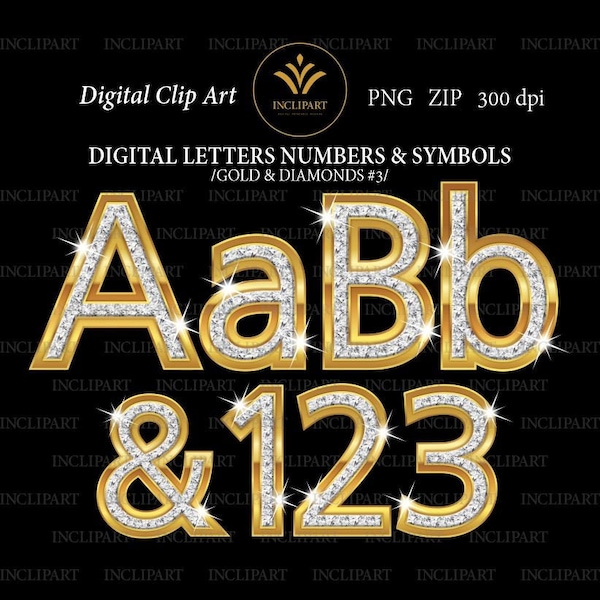 Gold and diamond alphabet Digital clip art in PNG file format. Bling Letters and numbers clipart. Instant download in PNG. Commercial use.