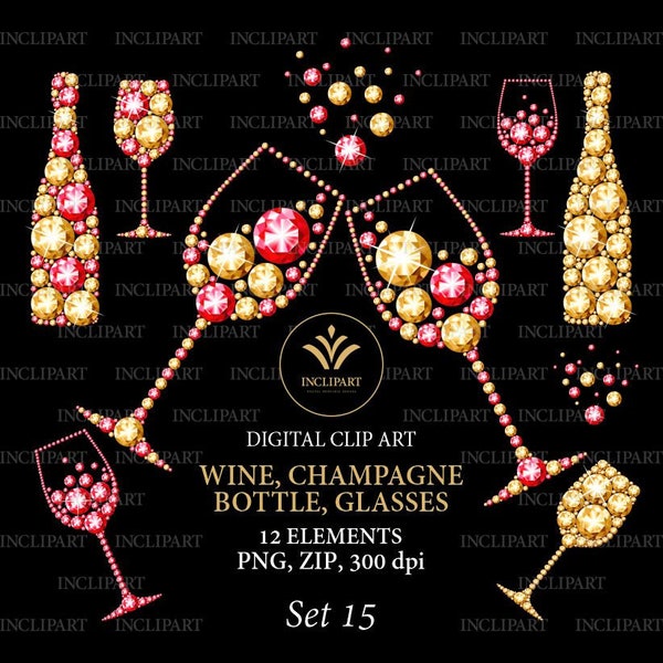 Wine, Champagne bottle, glasses PNG files, digital Clipart. Diamond, rhinestone, gem Bottles, glasses overlay clip art. Instant download.