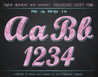 Chalk clipart. Chalk alphabet /numbers, letters & symbols/ clip art. Chalkboard pink and blue script font clipart. Instant download PNG.