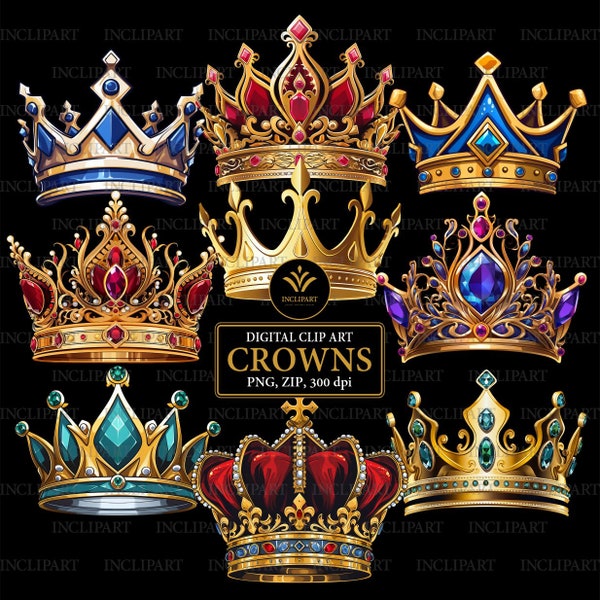 Crown digital clipart in PNG file format. Party clipart. Crowns gold, ruby, green, blue, purple. Instant digital download in PNG format.