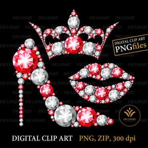 May include: A digital clip art image of a red and white diamond crown, a red and white diamond high heel shoe, and a red and white diamond lip. The image is on a black background.  Digital Clip Art PNG, ZIP, 300 dpi