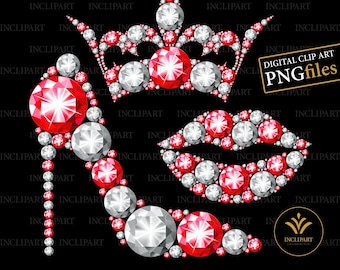 Puede incluir: Una imagen de clip art digital de una corona de diamantes rojos y blancos, un zapato de tacón alto de diamantes rojos y blancos y un labio de diamantes rojos y blancos. La imagen está sobre un fondo negro.  Digital Clip Art PNG, ZIP, 300 dpi