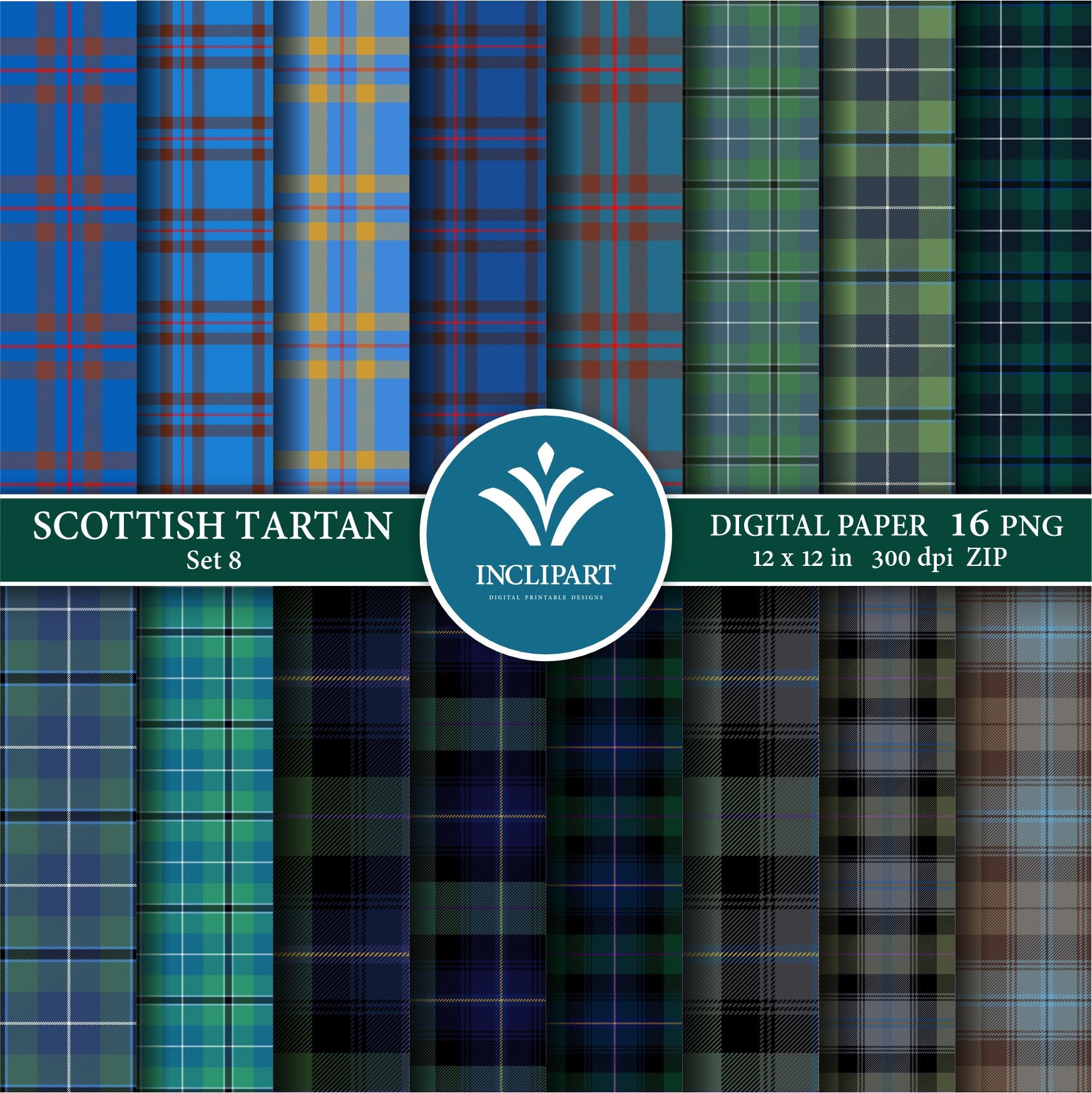 Blue, Green Tartan Digital Paper Clipart PNG Files. Seamless Background ...