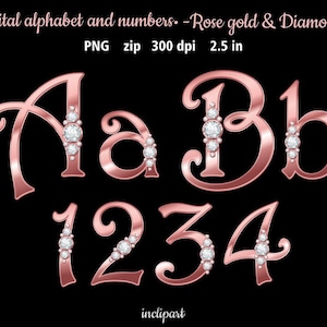 Alfabeto de oro rosa, números con diamantes clip art. Letras, números, símbolos imágenes prediseñadas. Descarga inmediata en formato PNG. Uso empresarial.